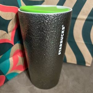 STARBUCKS CERAMIC SILVER PEBBLED TUMBLER WITH NEON GREEN LID